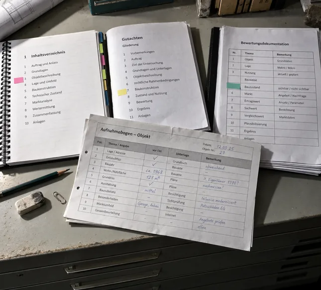 Drei aufgeschlagene Gliederungen auf einem Planschrank — ein spiralgebundenes Inhaltsverzeichnis, eine geheftete Gutachtengliederung und eine tabellarische Bewertungsdokumentation, jede mit anderer Nummerierung und einem farbigen Klebefähnchen —, darüber quer der handschriftlich ausgefüllte Aufnahmebogen des Büros, daneben Bleistift, Radiergummi und Büroklammer