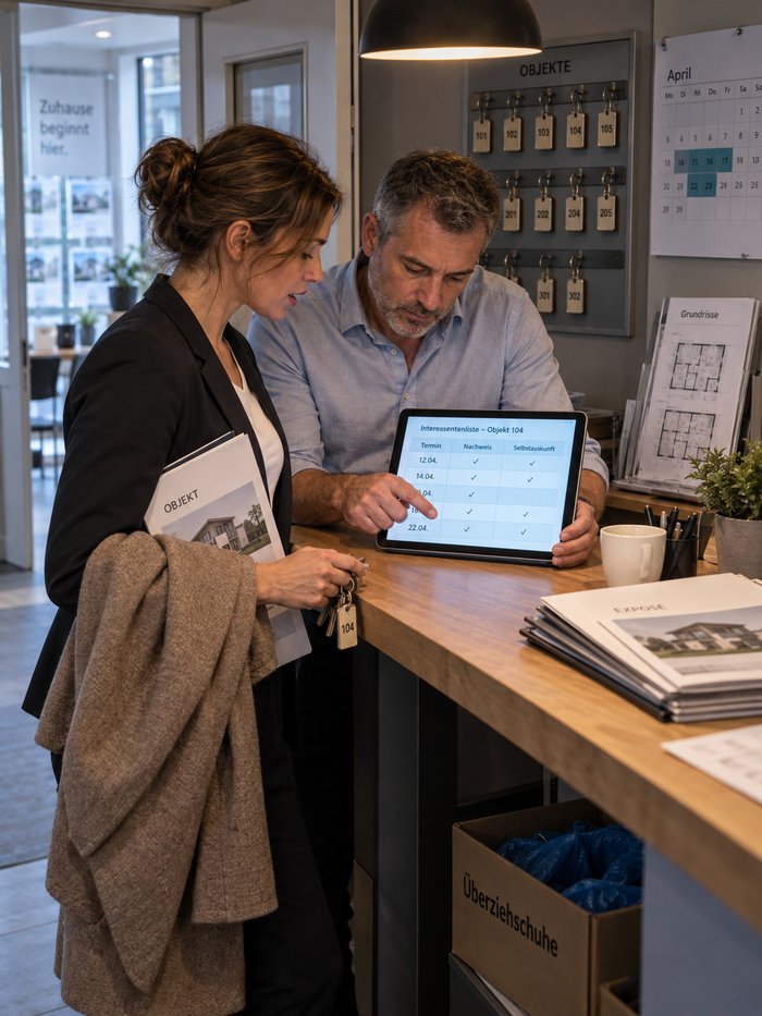 Stehtheke im Rückraum eines Maklerbüros nach einer Besichtigung: Eine Maklerin mit Mantel über dem Arm, Objektmappe und Schlüssel spricht mit einem älteren Kollegen, der auf dem Tablet in der Interessentenliste auf die Zeile mit der fehlenden Selbstauskunft zeigt, dahinter ein Schlüsselbrett mit Objektnummern, ein Wandkalender und Grundrissausdrucke, unter der Theke ein Karton mit Überziehschuhen