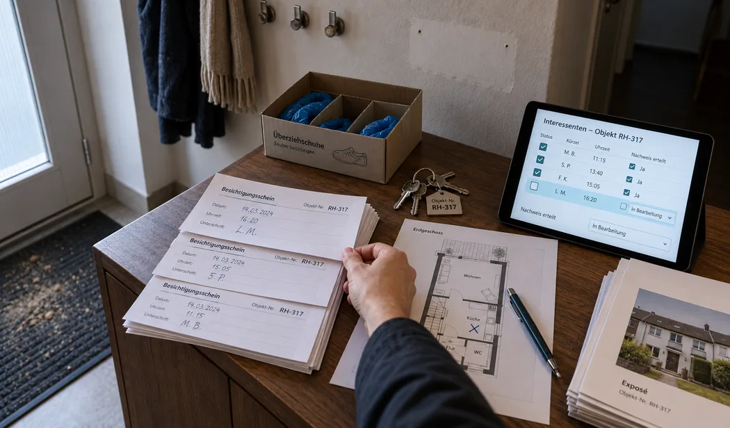 Sideboard im Flur eines Reihenhauses zwischen zwei Besichtigungen: Eine Hand liegt auf dem Stapel unterschriebener Besichtigungsscheine zum selben Objekt, rechts zeigt ein Tablet die Interessentenliste mit Uhrzeiten und erteilten Nachweisen, die letzte Zeile in Bearbeitung, dazwischen ein Karton mit Überziehschuhen, der Objektschlüssel, ein Grundriss mit angekreuzter Küche und Exposé-Mappen
