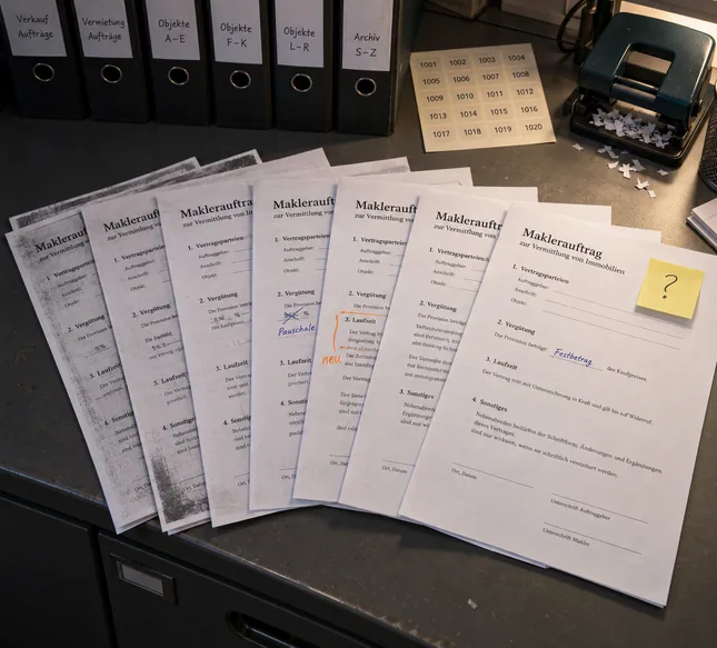 Sieben Fassungen desselben Maklerauftrags, gefächert auf einem Archivschrank: einige als graue Kopien von Kopien, auf einer ist das Prozentzeichen durchgestrichen und durch Pauschale ersetzt, auf einer ein Absatz orange als neu markiert, auf der obersten ein Festbetrag eingetragen und ein Haftzettel mit Fragezeichen, dahinter beschriftete Mandatsordner, Objektnummern-Etiketten und ein Locher