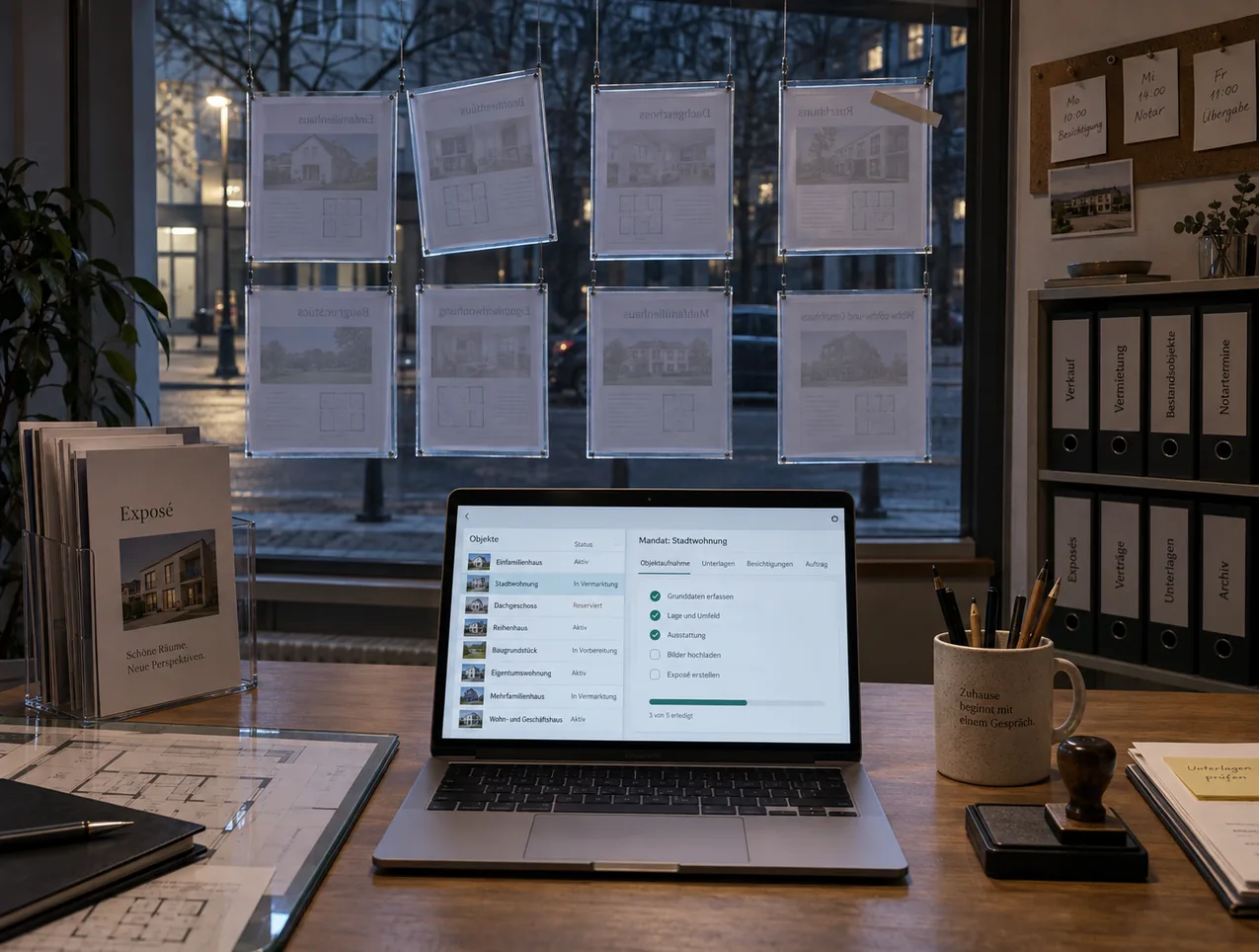 Ladenbüro eines Maklerhauses nach Geschäftsschluss: An der Schaufensterscheibe hängen acht Objektaushänge, von innen gesehen, davor auf dem Beratungstisch ein Notebook mit Objektliste und geöffnetem Mandat samt Reitern für Objektaufnahme, Unterlagen, Besichtigungen und Auftrag, daneben Exposé-Aufsteller, Stempel und Grundrisse unter Glas, rechts Mandatsordner und eine Korkleiste mit Terminzetteln