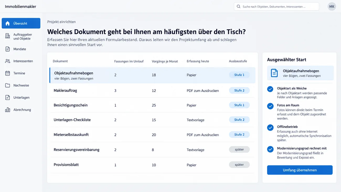 Maske: Einstiegsübersicht zum Formularbestand im Büro mit der Frage nach dem häufigsten Dokument, einer Tabelle von Objektaufnahmebogen bis Provisionsblatt mit Fassungen im Umlauf, Vorgängen je Monat, heutiger Erfassung und Ausbaustufe, dem hervorgehobenen Objektaufnahmebogen und der Karte zum ausgewählten Start mit Objektart als Weiche, Fotos am Raum, Offlinebetrieb und mitrechnendem Modernisierungsgrad