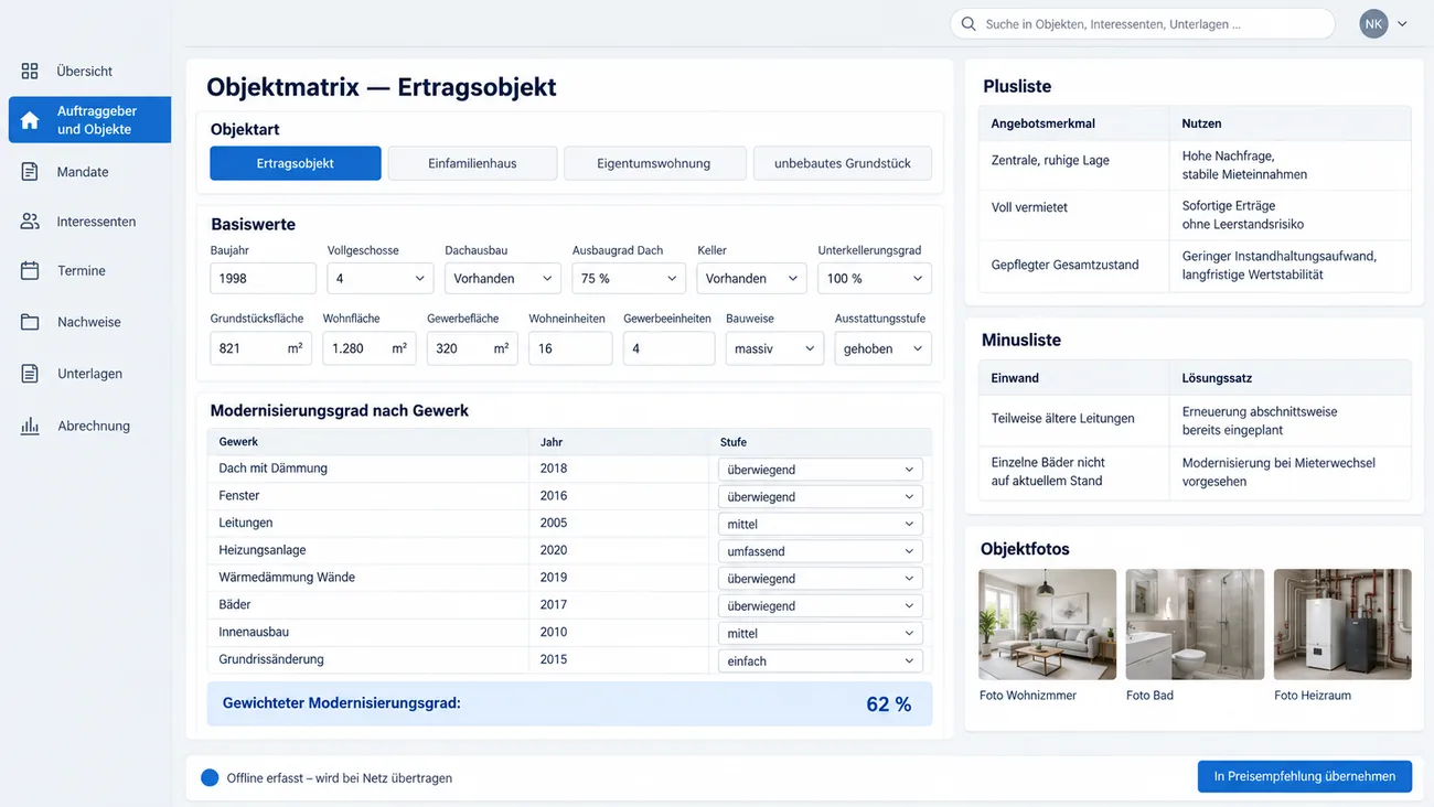 Maske: Objektmatrix für ein Ertragsobjekt mit der Objektart als Weiche, Basiswerten von Baujahr über Ausbaugrad und Flächen bis zur Ausstattungsstufe, der Tabelle zum Modernisierungsgrad nach acht Gewerken mit gewichtetem Ergebnis, Plus- und Minusliste, Objektfotos und dem Hinweis auf die offline erfasste Aufnahme