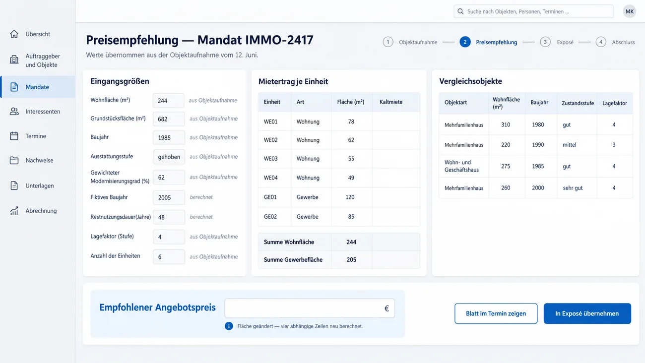 Maske: Preisempfehlung mit den aus der Objektaufnahme übernommenen und berechneten Eingangsgrößen, dem Mietertrag je Einheit, einer Tabelle mit Vergleichsobjekten und dem Feld für den empfohlenen Angebotspreis samt Hinweis auf neu berechnete Zeilen nach einer Flächenänderung