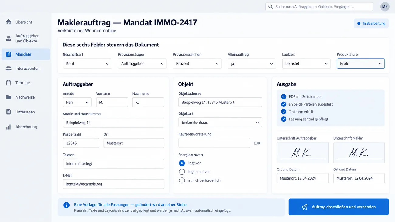 Maske: Maklerauftrag mit sechs steuernden Auswahlfeldern von Geschäftsart über Provisionsträger und Provisionseinheit bis zur Produktstufe, den Angaben zu Auftraggeber und Objekt samt Energieausweisstatus, der Ausgabe als PDF mit Zeitstempel in Textform und zwei Unterschriftsfeldern