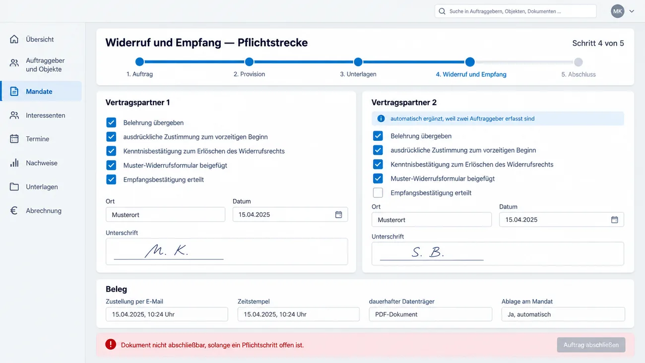 Maske: Pflichtstrecke Widerruf und Empfang im vierten von fünf Schritten mit je einem Block für zwei Vertragspartner aus Belehrung, Zustimmung zum vorzeitigen Beginn, Kenntnisbestätigung, Muster-Widerrufsformular und Empfangsbestätigung samt Unterschrift, dem Beleg der Zustellung und dem Hinweis, dass das Dokument mit einem offenen Pflichtschritt nicht abschließbar ist