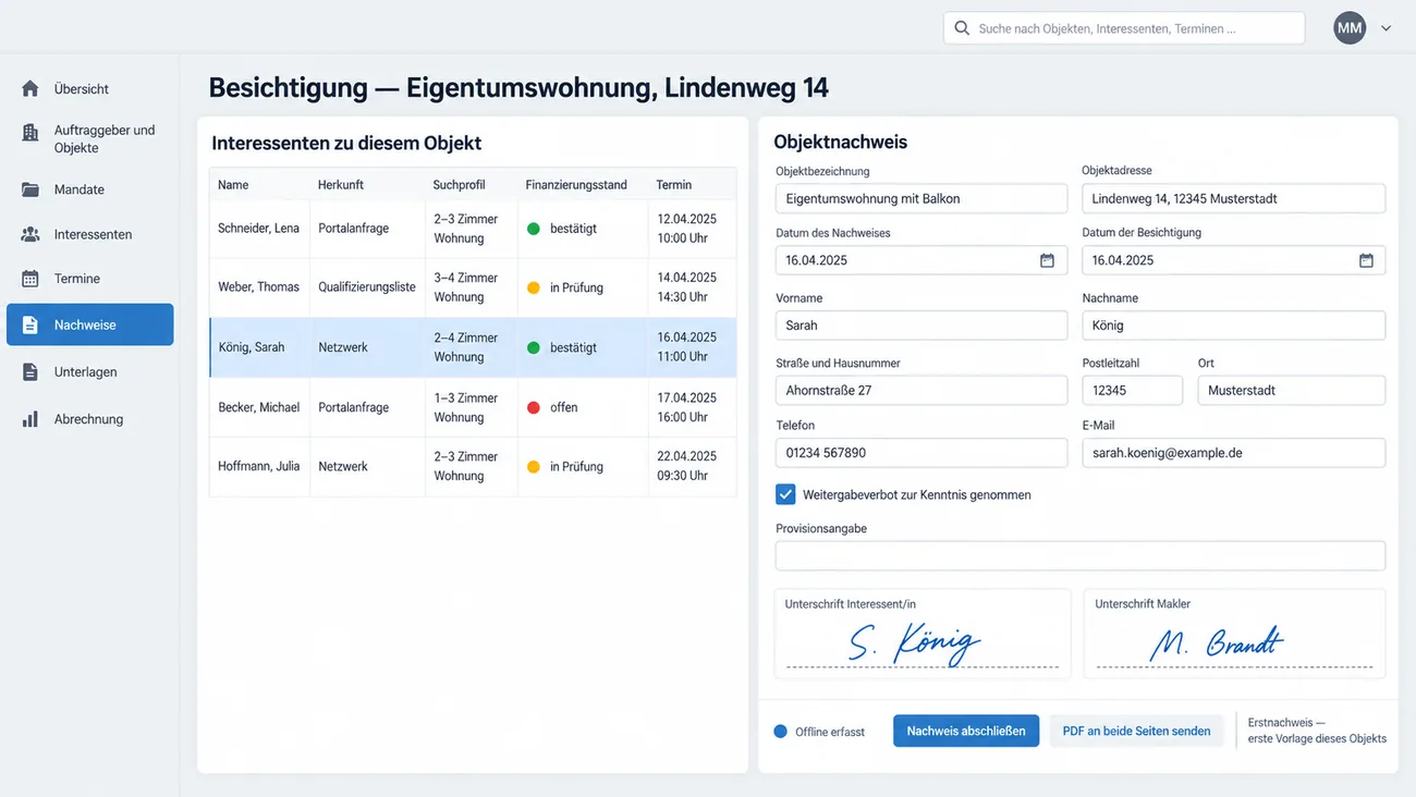 Maske: Besichtigung mit der Liste der Interessenten zu einem Objekt samt Herkunft, Suchprofil, Finanzierungsstand und Termin, daneben der Objektnachweis mit Nachweis- und Besichtigungsdatum, Personalien, Weitergabeverbot, Provisionsangabe und zwei Unterschriften, offline erfasst und als PDF an beide Seiten zu senden