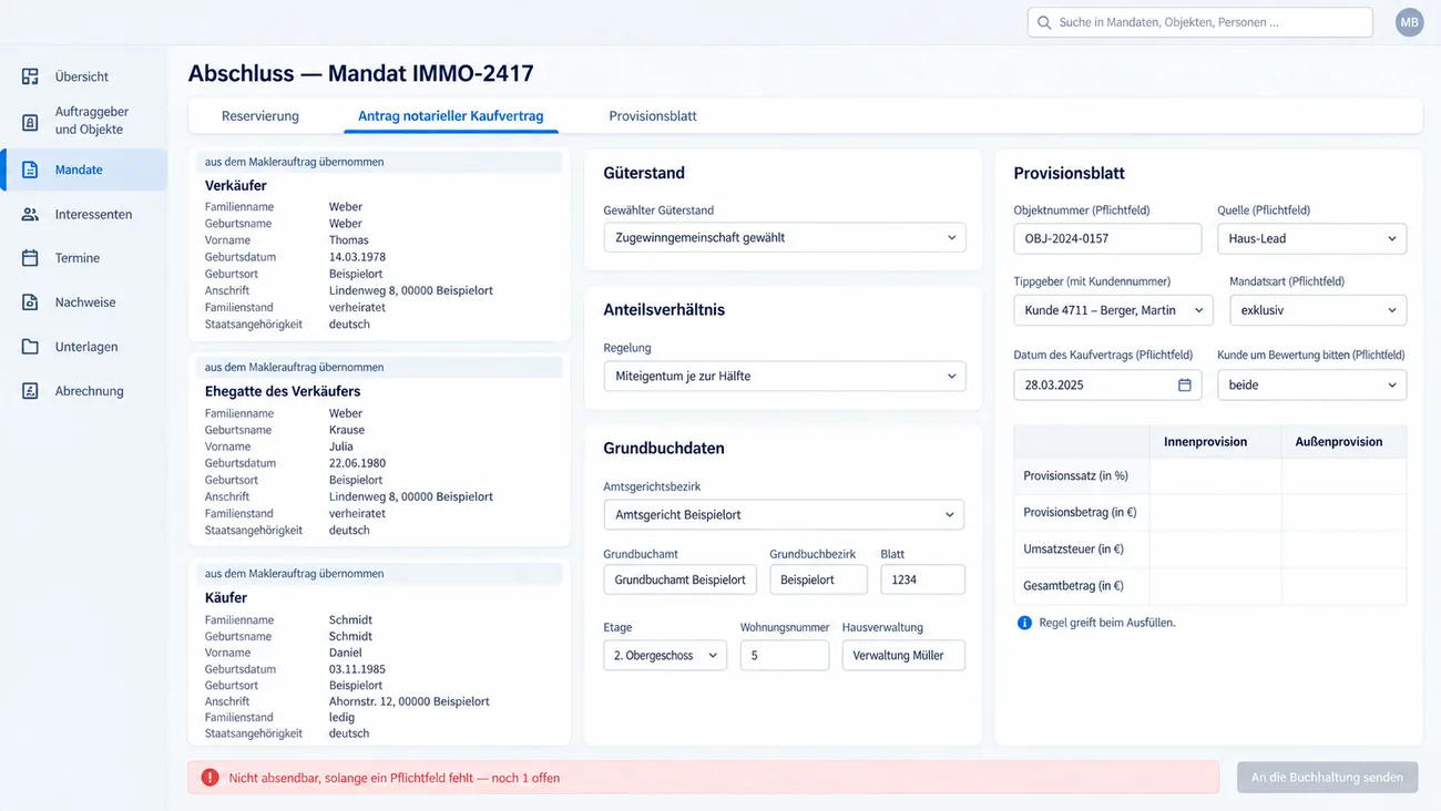 Maske: Abschluss eines Mandats mit dem Antrag für den notariellen Kaufvertrag, den aus dem Maklerauftrag übernommenen Personalien von Verkäufer, Ehegatten und Käufer, Güterstand, Anteilsverhältnis und Grundbuchdaten, daneben das Provisionsblatt mit Pflichtfeldern zu Objektnummer, Quelle, Tippgeber und Mandatsart und der Sperre, solange ein Pflichtfeld fehlt