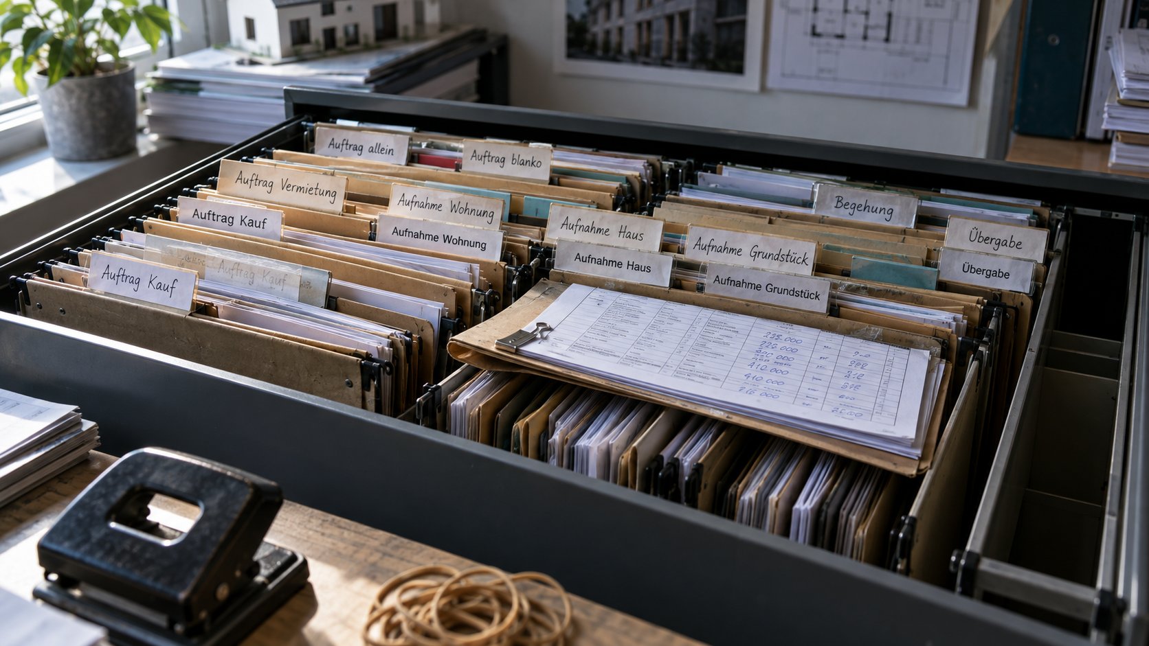 Weit ausgezogener Hängeregisterauszug im Büro eines Immobilienunternehmens mit den Reitern Auftrag Kauf, Auftrag Vermietung, Auftrag allein, Auftrag blanko, Aufnahme Wohnung, Aufnahme Haus, Aufnahme Grundstück, Übergabe und Begehung, teils doppelt und überklebt, quer darüber eine Mappe mit einem handschriftlich ausgefüllten Tabellensatz
