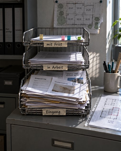 Drei gestapelte Drahtkörbe auf einem Aktenschrank im Verwaltungsbüro, mit Kreppband beschriftet Eingang, in Arbeit und mit Frist: unten randvoll mit Mieterantrag und Schadensmeldung, in der Mitte halb gefüllt, oben vier Vorgänge mit farbigen Haftstreifen, daneben ein Grundriss in der Klarsichthülle mit rot umrandeter Einheit
