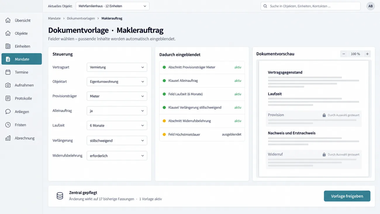 Maske: Dokumentvorlage Maklerauftrag, in der Vertragsart, Objektart, Provisionsträger, Alleinauftrag, Laufzeit und Verlängerung steuern, welche Abschnitte und Klauseln eingeblendet werden, mit Dokumentvorschau und dem Hinweis, dass eine Änderung auf alle 17 bisherigen Fassungen wirkt