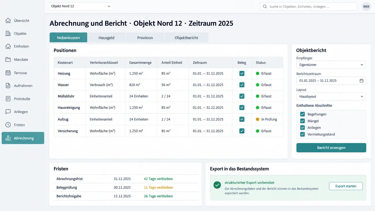 Maske: Abrechnung und Bericht eines Objekts mit den Nebenkostenpositionen samt Verteilerschlüssel, Anteil der Einheit und Belegstatus, dem Objektbericht an den Eigentümer im Hauslayout, den laufenden Fristen und dem vorbereiteten Export in das Bestandssystem