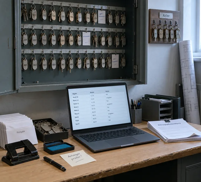Schlüsselausgabe im Büro eines Immobilienunternehmens: geöffneter Schlüsselschrank mit nummerierten Anhängern und drei Entnahmekarten, darunter auf dem Holztresen ein Notebook mit der Liste der Objekte und Einheiten samt Status, daneben Rückgabeumschläge, Anhängerrohlinge, Stempelkissen, Locher und ein Stapel Wohnungsgeberbestätigungen