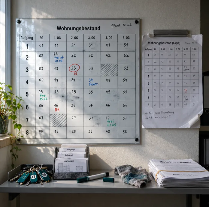 Laminierte Übersichtstafel „Wohnungsbestand“ an der Wand eines Bestandsbüros: Aufgänge 1 bis 8 gegen Erdgeschoss bis fünftes Obergeschoss, in den Feldern Einheitennummern mit handschriftlichen Freimeldedaten und Kürzeln, zwei Felder schraffiert, eines rot umkreist, daneben dieselbe Übersicht als Papierkopie mit Bleistiftnotizen an einer Klemmschiene, auf der Ablage darunter Schlüssel mit nummerierten Anhängern, Aufgangspläne, Folienstift, Wischlappen und ein gebündelter Stapel Mieterinformationen