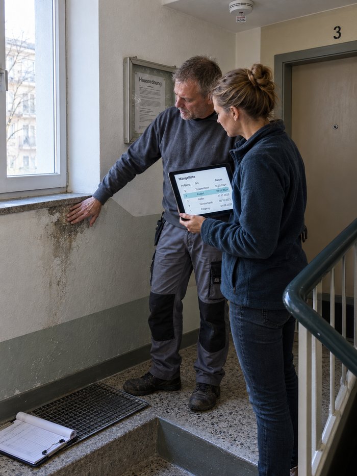 Mängelrundgang auf dem Treppenpodest eines Wohnblocks: Ein Mitarbeiter in Sweatshirt und Arbeitshose legt die Hand neben eine Feuchtestelle unter der Fensterbank, neben ihm liest eine Bestandsmanagerin in Fleecejacke auf dem Tablet die Mängelliste nach Aufgang, Ort und Datum mit, eine Zeile hervorgehoben, dahinter der Aushangkasten mit der Hausordnung, auf der Stufe ein Klemmbrett mit Begehungsbogen