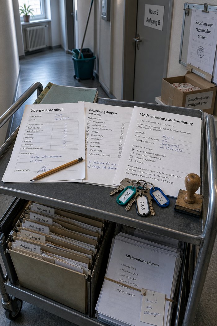 Aktenwagen im Flur eines Bestandsbüros: Oben nebeneinander ein ausgefülltes Übergabeprotokoll mit Bleistift, ein Begehungsbogen mit abgehakten Prüfpunkten und zwei nachgetragenen Mängeln und eine Modernisierungsankündigung, daneben Schlüssel mit Einheitennummern und ein Holzstempel, im unteren Fach Hängemappen nach Aufgängen und gebündelte Mieterinformationen, im Hintergrund ein Wischeimer und ein Karton Rauchmelder-Prüfplaketten