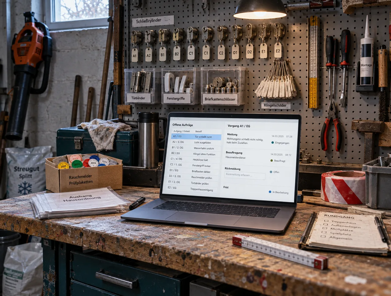 Hausmeisterstützpunkt eines Wohngebiets: Auf der abgenutzten Werkbank ein aufgeklapptes Notebook mit der Liste offener Aufträge nach Aufgang und Einheit und dem geöffneten Vorgang mit Meldung, Beauftragung, Rückmeldung und Frist, dahinter an der Lochwand beschriftete Schließzylinder und Sichtboxen mit Türbändern, Fenstergriffen und Briefkastenschlössern, auf der Bank ein Karton Rauchmelder-Prüfplaketten, Aushänge zur Hausordnung, Absperrband und ein Klemmbrett für den Rundgang