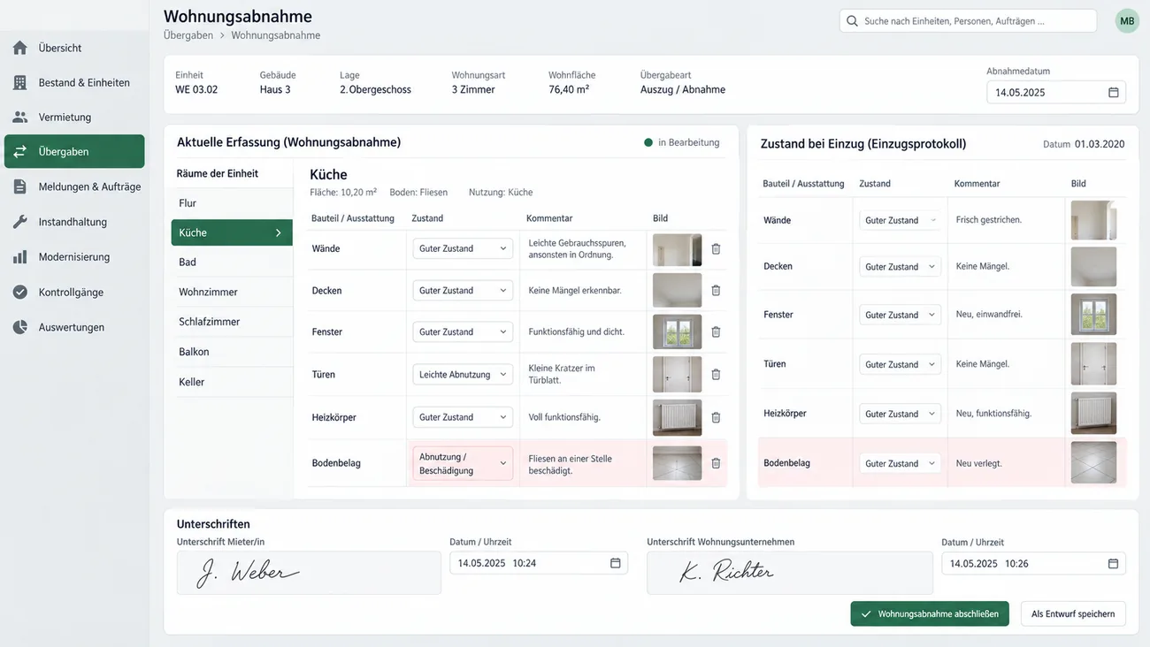 Maske: Wohnungsabnahme mit der Raumliste der Einheit, der geöffneten Küche mit Zustandsauswahl, Kommentar und Foto je Bauteil von den Wänden bis zum Bodenbelag, daneben dem Zustand aus dem Einzugsprotokoll mit den damaligen Bildern, der abweichenden Zeile als Abnutzung oder Beschädigung markiert, und zwei Unterschriftsfeldern mit Zeitstempel