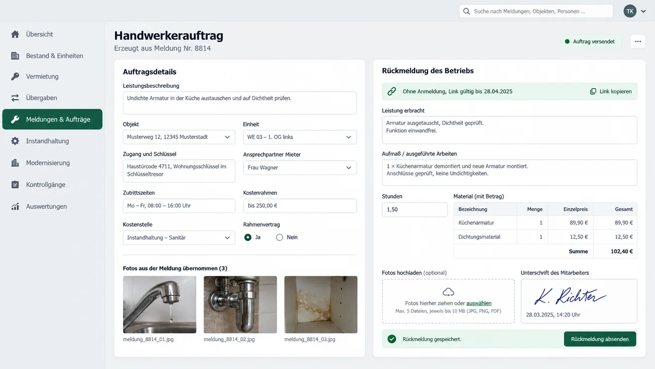 Maske: Handwerkerauftrag, erzeugt aus einer Meldung, mit Leistungsbeschreibung, Objekt, Einheit, Zugang und Schlüssel, Ansprechpartner, Zutrittszeiten, Kostenrahmen, Kostenstelle und Rahmenvertrag, den übernommenen Fotos der Meldung und daneben der Rückmeldung des Betriebs über einen Link ohne Anmeldung mit erbrachter Leistung, Aufmaß, Stunden, Material, Fotos und Unterschrift