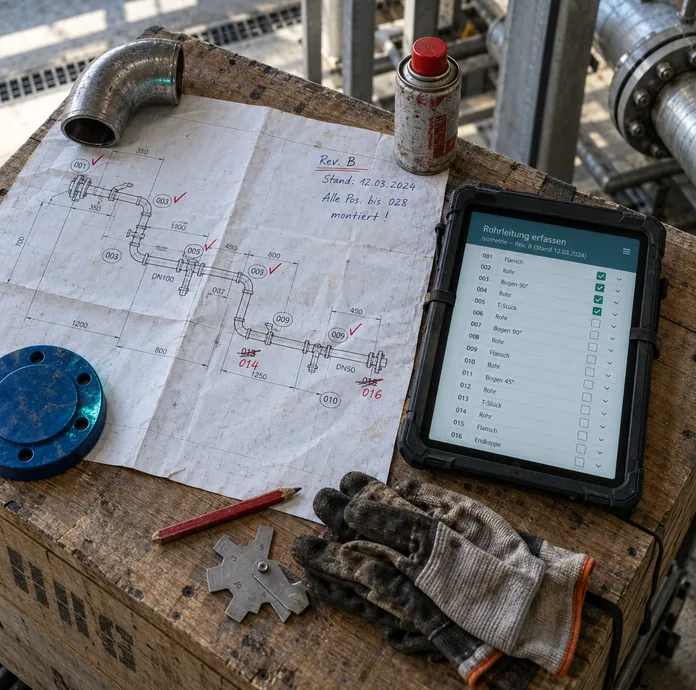 Deckel einer Transportkiste aus Holz auf dem Montageplatz: ein gefalteter Isometrieplan mit Maßketten, eingekreisten Positionsnummern, roten Haken, zwei von Hand korrigierten Nummern und der Notiz „Rev. B“ mit Stand, beschwert mit Rohrbogen, Sprühdose und Flanschschutzkappe, daneben ein Tablet mit denselben Positionen als Abhakliste, Zimmermannsbleistift, Nahtlehre und Arbeitshandschuhe