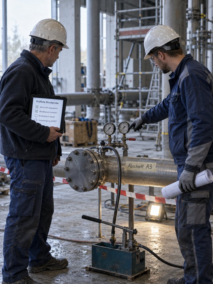 Abgesperrte Rohrleitung in einer Montagehalle kurz vor der Druckprobe: Ein älterer Bauleiter in Fleecejacke und Helm hält ein Tablet mit der Prüfliste Druckprobe, zwei Punkte abgehakt, zwei offen, und blickt zu einem jüngeren Prüfer mit Schutzbrille, der auf eines der beiden Manometer am Absperrventil zeigt, vorn Blindflansch, Prüfschlauch und Handprüfpumpe, am Rohr ein Klebeband „Abschnitt A3“