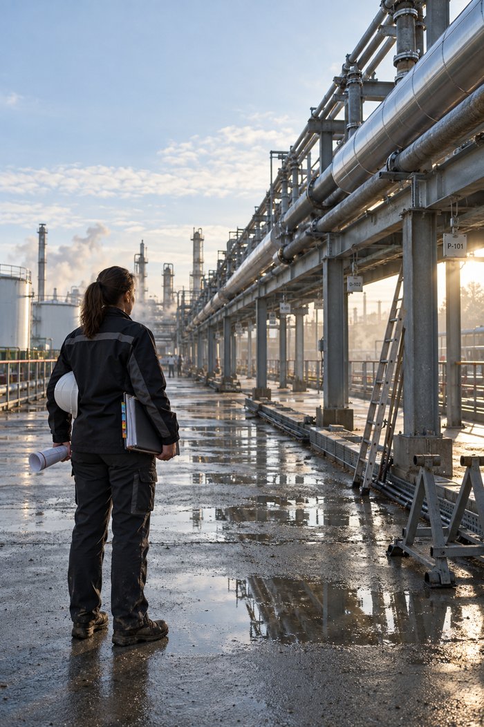 Neu montierte Rohrtrasse auf einem Industriegelände bei tief stehender Sonne: Eine Projektleiterin in dunkler Arbeitskleidung steht in Rückenansicht auf nassem Beton, den Helm unter dem Arm, eine pralle Dokumentenmappe mit farbigen Registerfahnen und eine gerollte Zeichnung in den Händen, und blickt die Rohrbrücke mit ihren Kennzeichnungsschildern entlang, dahinter Tanks und Kolonnen im Dunst