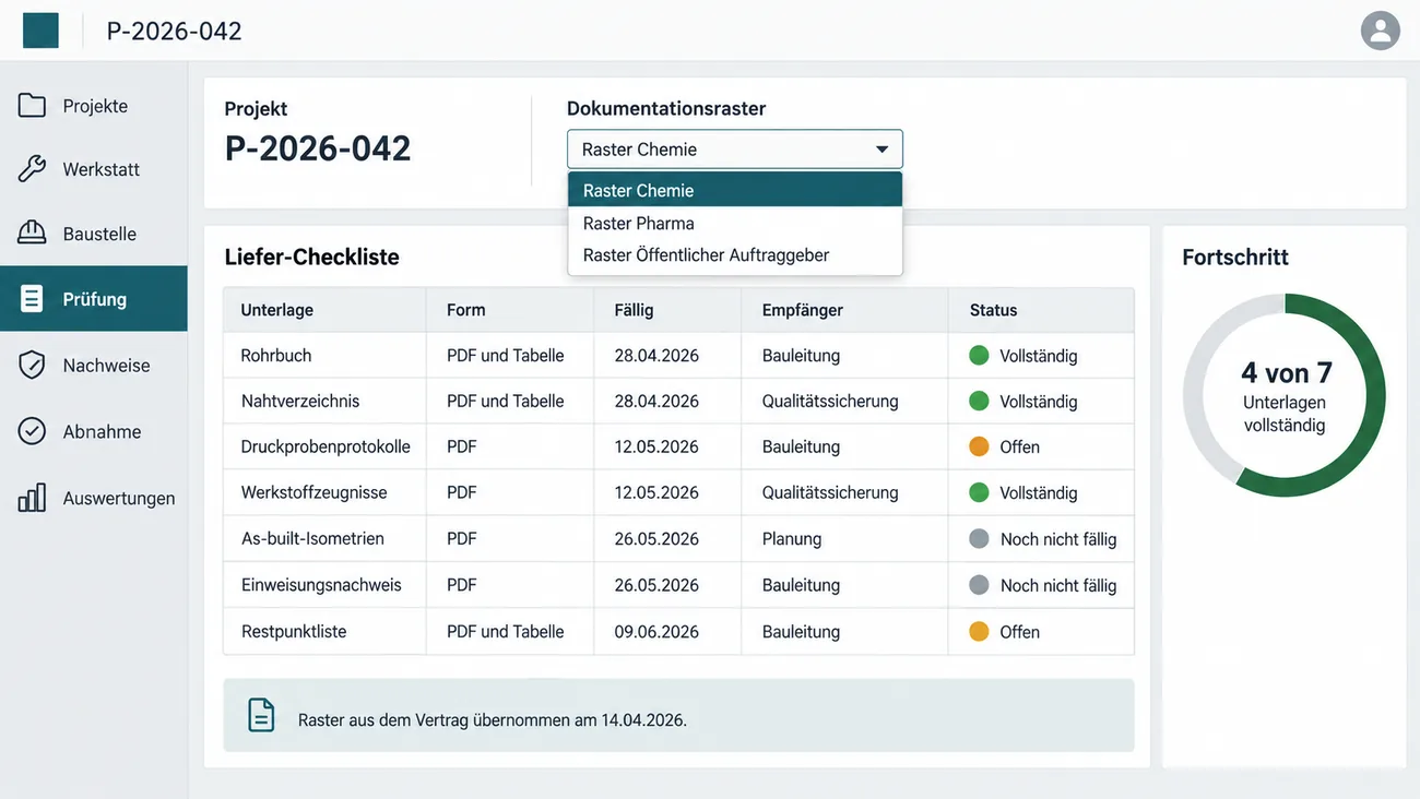 Maske: Auswahlfeld Dokumentationsraster mit Raster Chemie, Raster Pharma und Raster Öffentlicher Auftraggeber, gewählt ist Raster Chemie, darunter die Liefer-Checkliste mit Unterlage, Form, Fälligkeit, Empfänger und Status von Rohrbuch und Nahtverzeichnis über Druckprobenprotokolle, Werkstoffzeugnisse und As-built-Isometrien bis zur Restpunktliste, rechts ein Fortschrittsring, unten der Vermerk Raster aus dem Vertrag übernommen