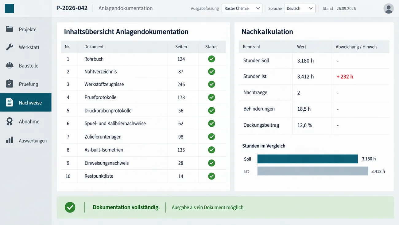 Maske: Anlagendokumentation in der Ausgabefassung Raster Chemie mit Sprachumschalter und Stand 26.09.2026, links die Inhaltsübersicht mit zehn Unterlagen von Rohrbuch und Nahtverzeichnis über Werkstoffzeugnisse und Prüfprotokolle bis zu As-built-Isometrien und Restpunktliste, je mit Seitenzahl und grünem Haken, rechts die Nachkalkulation mit Stunden Soll und Ist, Nachträgen, Behinderungen und Deckungsbeitrag samt Balkenvergleich