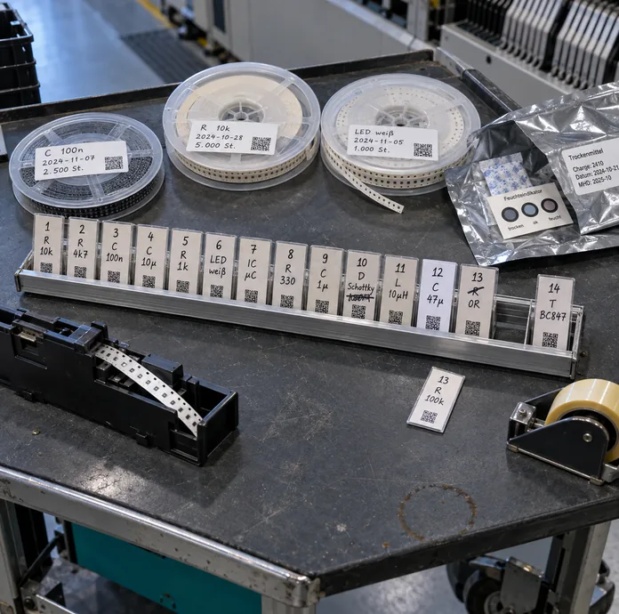 Rüstwagen neben der Bestückungslinie: In einer verschraubten Aluminiumleiste stecken vierzehn laminierte, von Hand beschriftete Platzkarten in Feederreihenfolge mit Bauteilangabe und aufgeklebtem Code, zwei mit Folienstift korrigiert, eine weitere liegt herausgezogen daneben, darüber drei Bauteilrollen und ein geöffneter Trockenbeutel mit Feuchteindikatorkarte, vorn ein Feederschlitten und ein Klebebandabroller