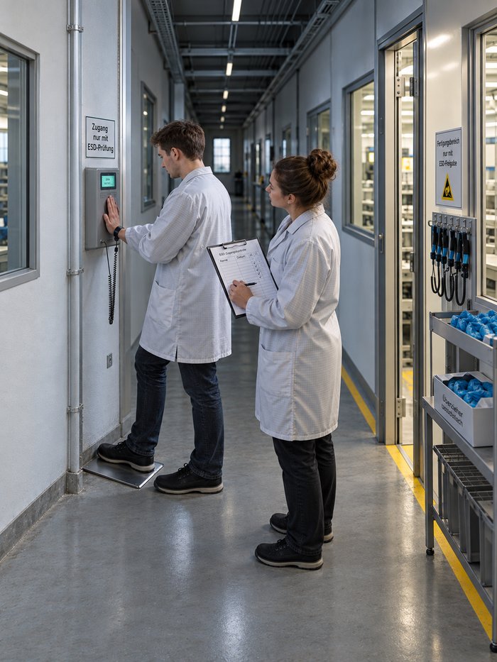 Gang vor dem ESD-geschützten Fertigungsbereich unter dem Schild „Zugang nur mit ESD-Prüfung“: Ein junger Mitarbeiter im ableitfähigen Kittel steht mit einem Fuß auf dem Kontaktblech und drückt die Hand auf das Prüfgerät an der Wand, daneben hält eine Kollegin ein Klemmbrett mit Zugangsliste, den Stift auf einer Zeile, rechts die offene Schleusentür, Handgelenkbänder an Haken und Überzieher in einer Box