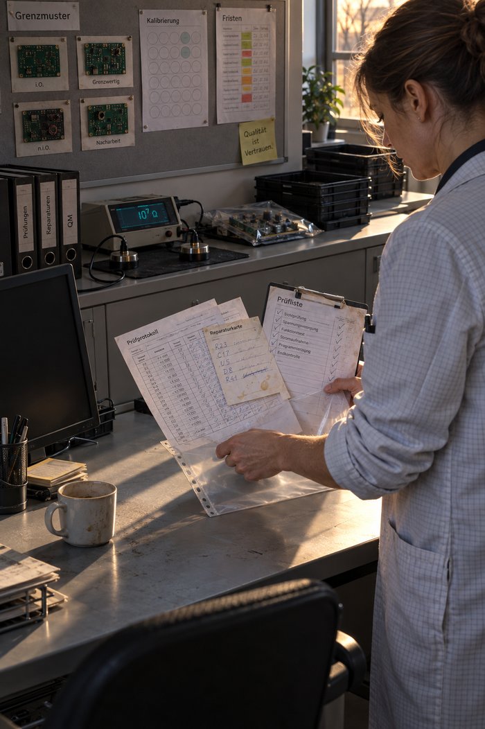 Qualitätssicherungsbüro einer Elektronikfertigung im warmen Spätnachmittagslicht: Eine Frau im ableitfähigen Kittel steckt ein Prüfprotokoll und eine fleckige Reparaturkarte mit Bauteilpositionen in eine Klarsichthülle und hält eine abgehakte Prüfliste am Klemmbrett dazu, dahinter eine Pinnwand mit Grenzmustern, Kalibrierbogen und Fristenliste, ein Messgerät mit zwei Elektroden, Ordner und ESD-Schalen