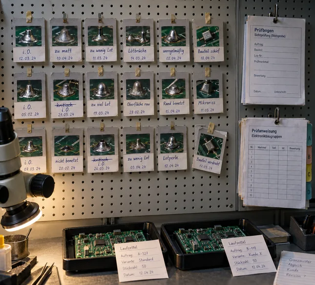 Grenzmusterwand am Sichtprüfplatz einer Elektronikfertigung: auf einer Lochplatte achtzehn mit Kreppband befestigte Karten mit je einer Lötstelle in Nahaufnahme und handschriftlicher Bewertung wie „zu wenig Lot“ oder „Lötbrücke“, zwei davon neu bewertet, rechts ein einfacher Prüfbogen zur Sichtprüfung und eine geheftete Prüfanweisung mit Registerreitern, unten zwei gleiche Leiterplatten mit unterschiedlichen Laufzetteln