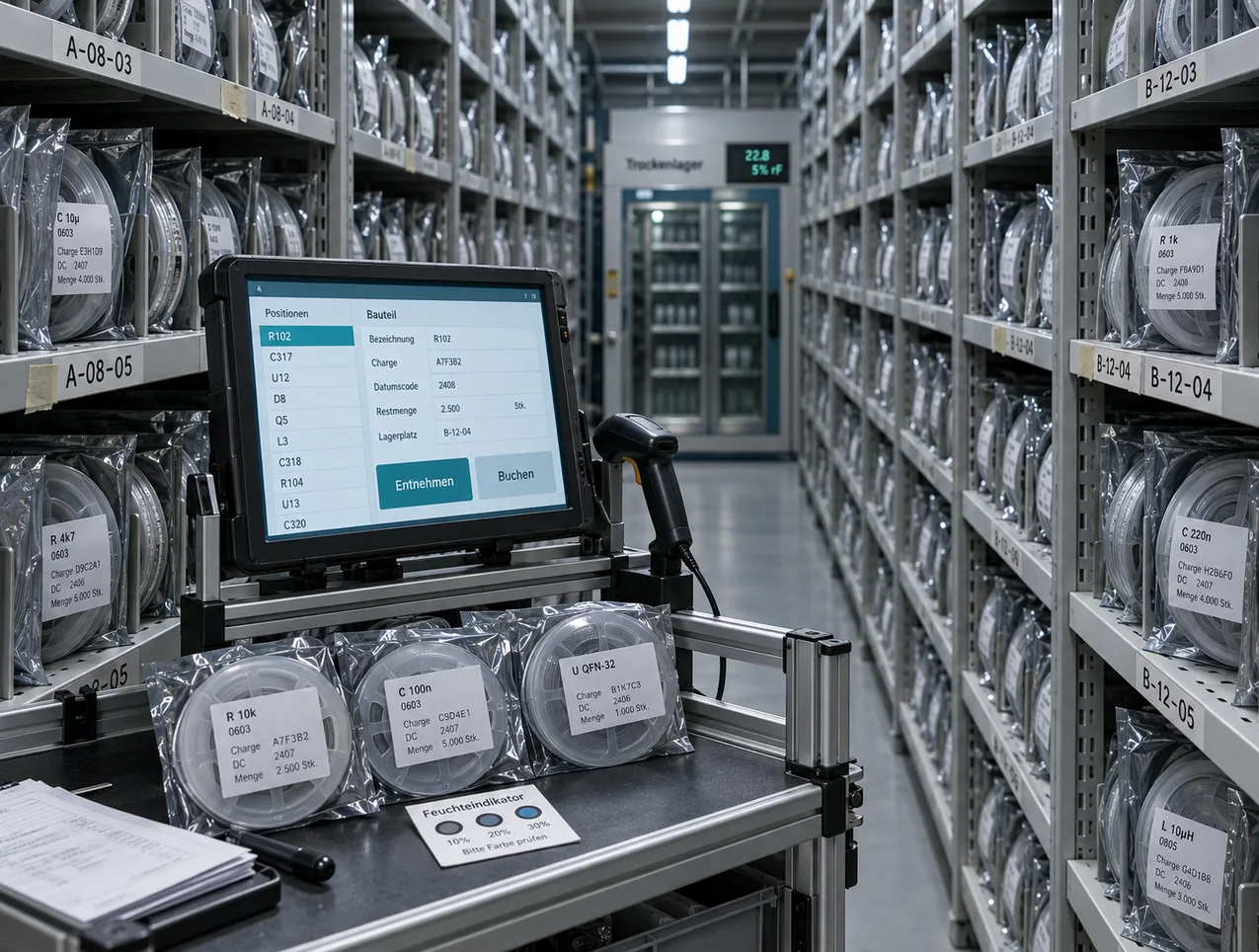 Gasse im Bauteillager einer Elektronikfertigung zwischen hohen Stahlregalen voller Bauteilrollen in antistatischen Beuteln mit Etiketten zu Charge, Datumscode und Menge, vorn ein Kommissionierwagen mit einem robusten Bediengerät, das eine Positionsliste und den Datensatz einer Rolle mit Charge, Restmenge und Lagerplatz zeigt, daneben ein Handscanner und drei entnommene Rollen, hinten ein Trockenlagerschrank
