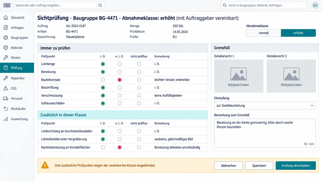 Maske: Sichtprüfung einer Baugruppe mit vereinbarter erhöhter Abnahmeklasse und Umschalter zwischen normal und erhöht, der Gruppe Immer zu prüfen von Lotmenge bis Gehäuseschäden und der farblich abgesetzten Gruppe Zusätzlich in dieser Klasse mit Lotdurchstieg, Lötstellenbild unter Vergrößerung und Kantenbenetzung, je Zeile mit Urteil und Bemerkung, daneben der Grenzfall mit zwei Detailansichten, Einstufung zur Zweitbeurteilung und Bemerkung