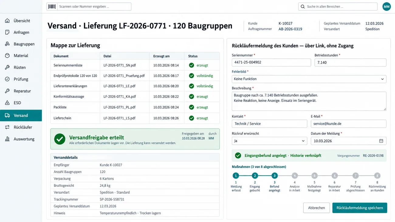 Maske: Versand einer Lieferung mit 120 Baugruppen mit der Mappe aus Seriennummernliste, Endprüfprotokollen, Lieferantenerklärungen, Konformitätsaussage, Packliste und Lieferschein und der erteilten Versandfreigabe, daneben die Rückläufermeldung des Kunden über einen Link ohne Zugang mit Seriennummer, Betriebsstunden, Fehlerbild und Beschreibung, dem angelegten Eingangsbefund und einer Maßnahmenleiste mit drei von acht erledigten Stufen
