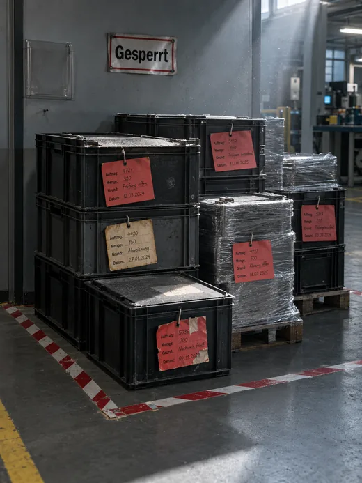 Sperrbereich am Rand einer Fertigungshalle unter einem Schild „Gesperrt“: In einem mit abgenutztem rot-weißem Band markierten Bodenfeld stehen gestapelte schwarze Transportkisten mit Staub auf den Deckeln und folienumwickelte Stapel auf Paletten, daran rote Anhänger mit Auftrag, Menge, Grund und Datum wie „Prüfung offen“ oder „Nachweis fehlt“, einer vergilbt, einer eingerissen und geflickt