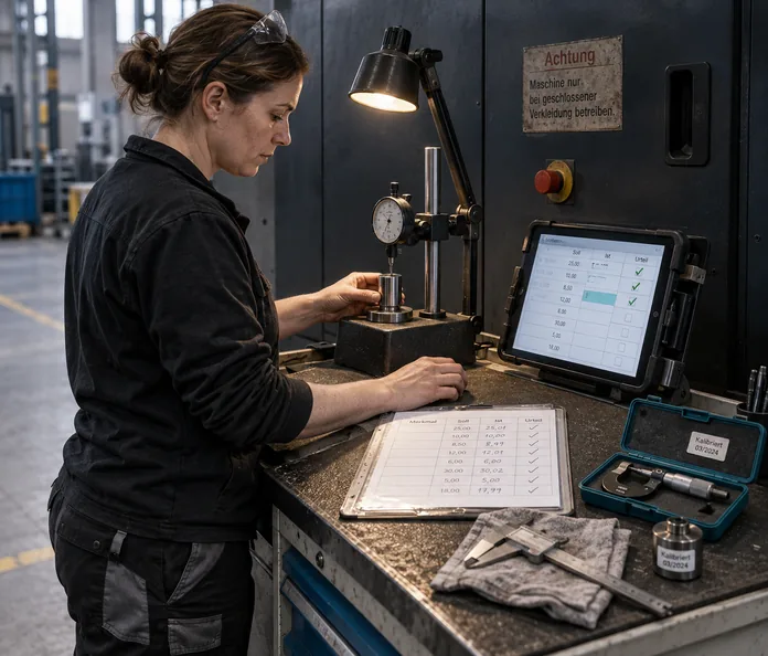 Prüfpult an der geschlossenen Verkleidung einer Maschine mit Not-Aus-Taster: Eine Prüferin mit Schutzbrille im Haar setzt ein Werkstück unter die Messuhr, vor ihr ein Prüfblatt mit Soll, Ist und Urteil unter einer Klarsichtfolie, rechts ein Tablet in Schutzhülle mit derselben Zeilenfolge, daneben ein Messschieber sowie Bügelmessschraube und Prüfnormal mit Kalibrieraufklebern