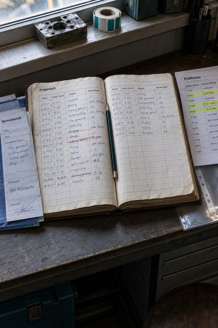 Stehpult am Fenster des Werkstattbüros: In der Mitte ein aufgeschlagenes, dick gebundenes Anlagenbuch mit Einträgen in verschiedenen Handschriften und einem Bleistift in der Falz, links der Durchschlag eines Serviceberichts mit Unterschrift, rechts eine Liste der Prüffristen mit drei markierten und einem eingekreisten Termin, auf der Fensterbank ein Musterstück und eine Rolle Etiketten