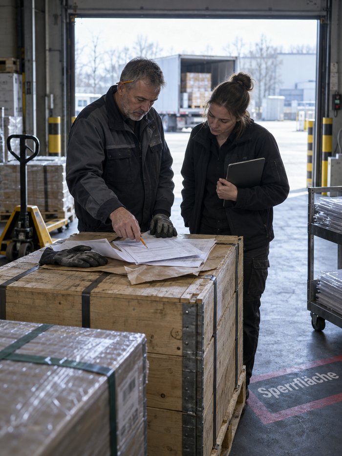Wareneingang hinter dem offenen Hallentor, draußen ein Lkw-Auflieger voller Kartons: Ein Lagerist mit Bleistift hinterm Ohr zeigt auf eine Zeile der Begleitpapiere, die auf einer angelieferten Holzkiste liegen und von einem Arbeitshandschuh beschwert werden, eine Kollegin mit Tablet unter dem Arm liest mit, daneben Handhubwagen, Rollwagen mit Klarsichthüllen und eine markierte Sperrfläche