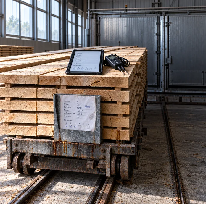 Beladener Trockenkammerwagen vor dem geschlossenen Kammertor: In der verzinkten Kartentasche am rostigen Rahmen steckt die Beschickungskarte mit Kammer, Charge, Sortiment, Menge, Anfangsfeuchte und Programm, die Holzart von Hand von Fichte auf Tanne korrigiert, drei von sechs Messstellen abgehakt, obenauf ein Tablet mit denselben Zeilen in derselben Reihenfolge und ein Holzfeuchtemessgerät