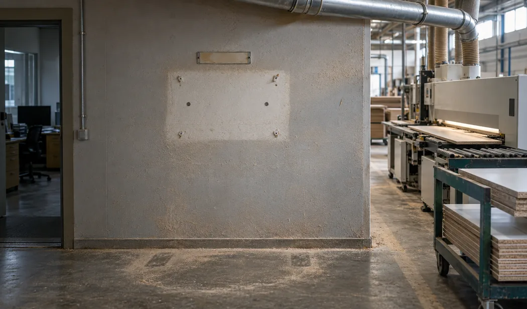 Hallenwand zwischen Kantenbearbeitung und Werksbüro: Auf dem von Holzstaub überzogenen Anstrich zeichnet sich ein heller Fleck mit vier Dübellöchern ab, wo lange ein Wandbord hing, darüber ein leerer Schildhalter, am Boden die Abdrücke eines Pults und ein blank getretener Halbkreis im Staub, links die offene Bürotür, rechts ein Wagen mit fertigen beschichteten Platten am Auslauf der Kantenanlage