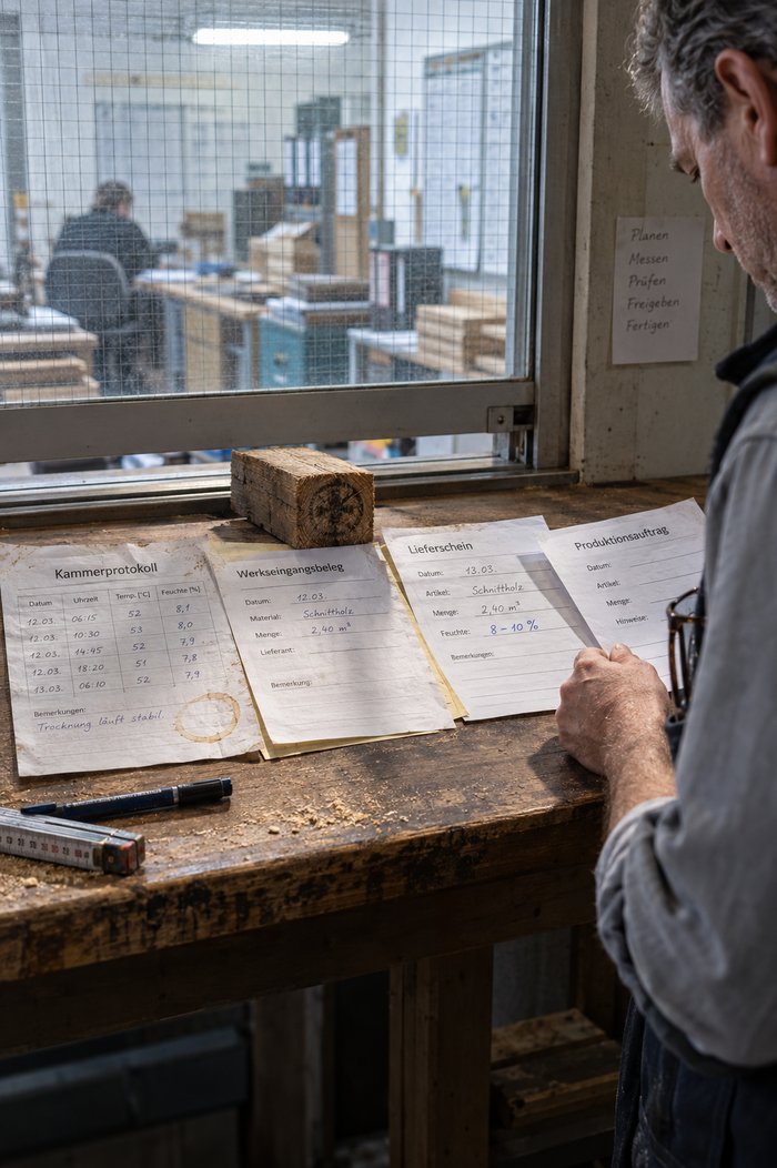 Durchreiche zur Arbeitsvorbereitung unter einem Drahtglasfenster: Auf dem abgegriffenen Holzbord liegen ein Kammerprotokoll mit handschriftlichen Messwerten und Kaffeering, ein Werkseingangsbeleg und ein Lieferschein mit nachgetragenem Feuchtebereich, dahinter ein Kantholzstück mit altem Brandstempel, ein Mann mit hochgekrempelten Ärmeln legt einen Produktionsauftrag als viertes Blatt dazu, am Rand Filzstift und Zollstock