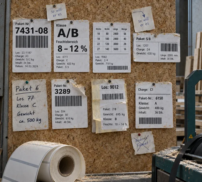 Musterwand am Packplatz eines Holzwerks: Auf einer Tafel aus roher Spanplatte hängen acht Paketetiketten verschiedener Abnehmer, jedes anders aufgebaut, mit großem Strichcode, mit Klasse und Feuchtebereich in großer Schrift, als Maßtabelle, im Querformat, von Hand beschrieben oder doppelt überklebt, dazwischen angepinnte Zettel „so will er es“, unten eine Rolle Etikettenpapier, rechts das Umreifungsgerät