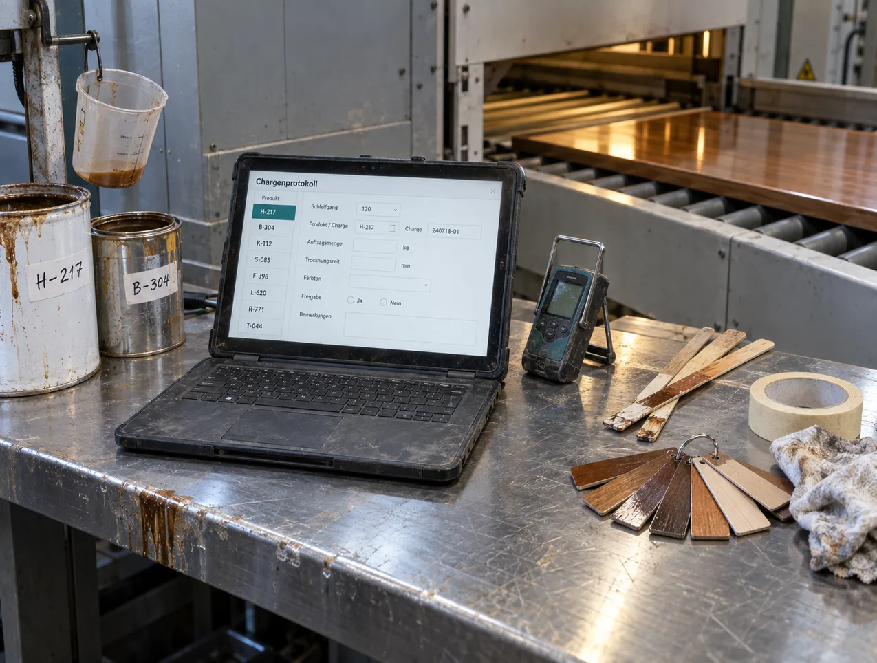 Edelstahlablage an einer Oberflächenanlage für Holzplatten, die Kante verkratzt und mit heruntergelaufenem Lack: In der Mitte ein robustes Notebook mit dem Chargenprotokoll, die Produktcodes als Auswahl neben Schleifgang, Charge, Auftragsmenge, Trocknungszeit, Farbton und Freigabe, daneben angebrochene Lackdosen mit denselben handgeschriebenen Codes, ein Messbecher, Rührhölzer, Farbtonmuster am Ring und Kreppband