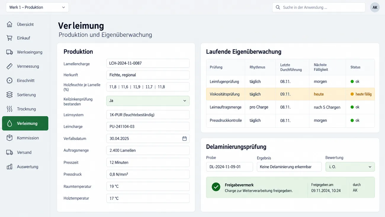 Maske: Verleimung mit Lamellencharge, Herkunft, Holzfeuchte je Lamelle, bestandener Keilzinkenprüfung, Leimsystem, Leimcharge mit Verfallsdatum, Auftragsmenge, Presszeit, Pressdruck sowie Raum- und Holztemperatur, daneben die laufende Eigenüberwachung mit Rhythmus, letzter Durchführung und nächster Fälligkeit, eine Prüfung bernsteinfarben als heute fällig markiert, darunter die Delaminierungsprüfung mit Ergebnis, Bewertung und Freigabevermerk