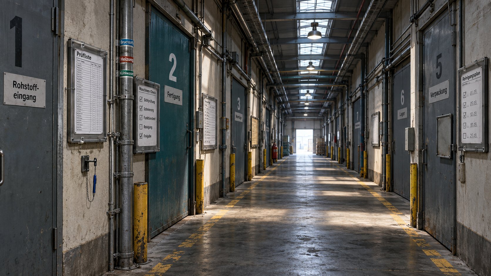 Langer Betriebsgang eines Werks mit nummerierten Stahltüren und Toren zu Bereichen wie Rohstoffeingang, Fertigung, Montage, Lager und Verpackung: Neben jeder Tür hängt in einem Schutzrahmen eine andere Liste, mal eine dichte Prüftabelle, mal ein Maschinen-Check mit fünf Ankreuzfeldern, mal ein Reinigungsplan, gelbe Fahrwegmarkierungen und Rammschutzpfosten führen zur hellen Tür am Ende