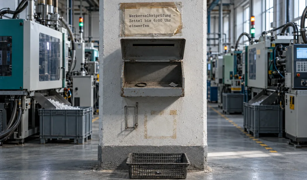 Hallenstütze zwischen zwei Reihen laufender Spritzgießmaschinen: ein grauer Blechsammelkasten mit Einwurfschlitz und offenem Deckel, innen nur Staub, ein Gummiring und ein Papierschnipsel, darüber ein vergilbtes Schild „Werkerselbstprüfung – Zettel bis 6:00 Uhr einwerfen“, darunter eine leere Stifthalterung und der helle Abdruck eines abgenommenen Blocks, am Boden ein leerer Gitterkorb