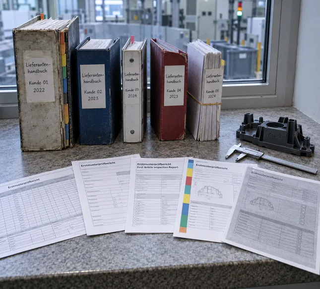 Steinerne Fensterbank am Innenfenster zur Fertigungshalle: fünf Lieferantenhandbücher für Kunde 01 bis 05, vom dicken, abgegriffenen Ordner mit bunten Registern bis zum losen Bündel im Gummiband, davor fünf gefächerte Erstmusterprüfberichte mit sichtbar verschiedenen Rastern, einer davon zweisprachig, rechts ein Kunststoffteil mit eingeprägter Kavitätsnummer und ein Messschieber
