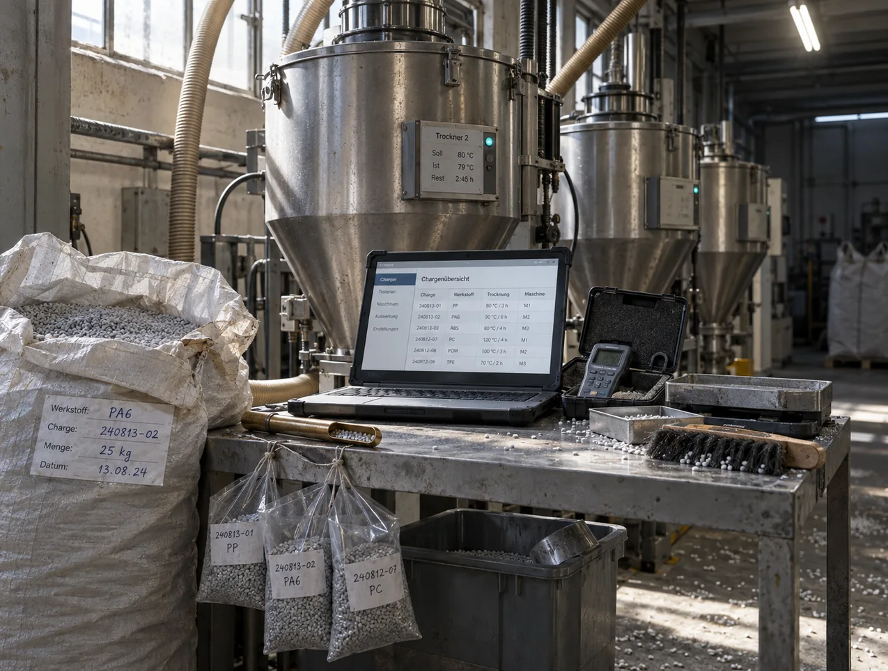Materialraum mit einer Reihe von Trocknertrichtern aus Edelstahl: auf einem Stahltisch ein robustes Notebook mit einer Chargenübersicht nach Charge, Werkstoff, Trocknung und Maschine, daneben ein Feuchtemessgerät im offenen Koffer, ein Probenehmer aus Messing und ein Handfeger, links ein offener Granulatsack mit handschriftlichem Etikett, an der Tischkante drei beschriftete Probenbeutel, am Trockner die Temperaturanzeige