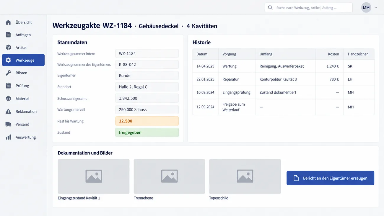 Maske: Werkzeugakte WZ-1184 für einen Gehäusedeckel mit vier Kavitäten, Stammdaten mit interner und Eigentümer-Werkzeugnummer, Standort, Schusszahl 1.842.500, Wartungsintervall 250.000 Schuss und bernsteinfarben markiertem Rest von 12.500 Schuss, einer Historie aus Wartung, Reparatur, Eingangsprüfung und Freigabe zum Weiterlauf mit Kosten und Handzeichen, drei Bildplätzen und der Schaltfläche „Bericht an den Eigentümer erzeugen“